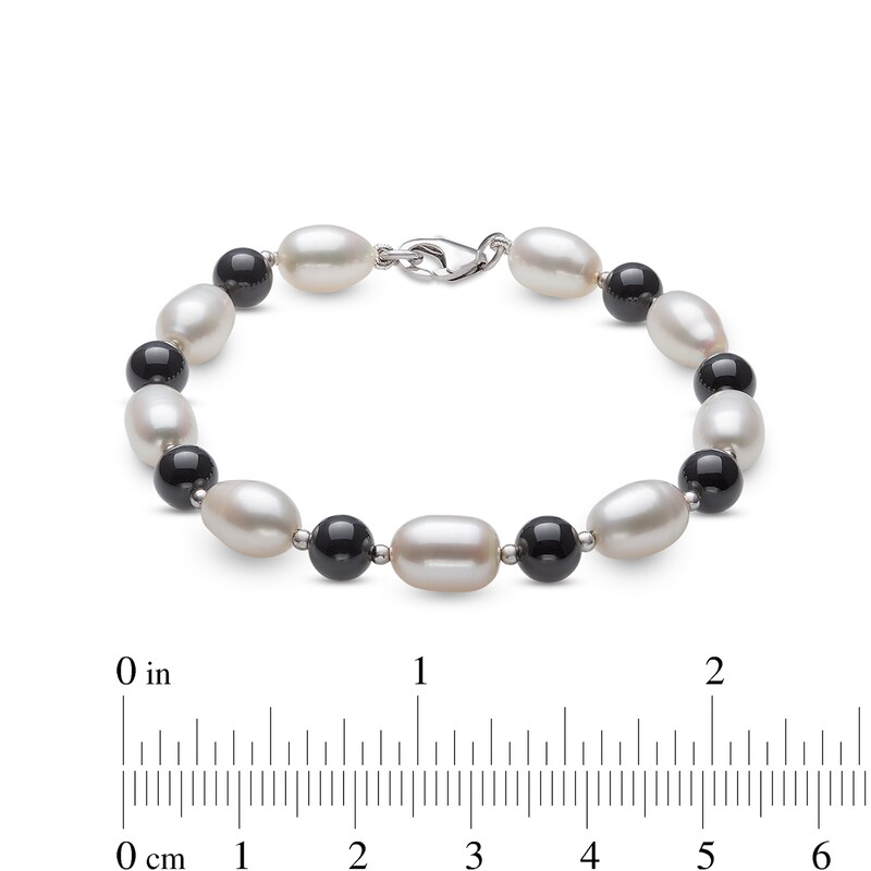 Alternating Onyx and Freshwater Cultured Pearl Strand Necklace, Bracelet and Drop Earrings Set in Sterling Silver
