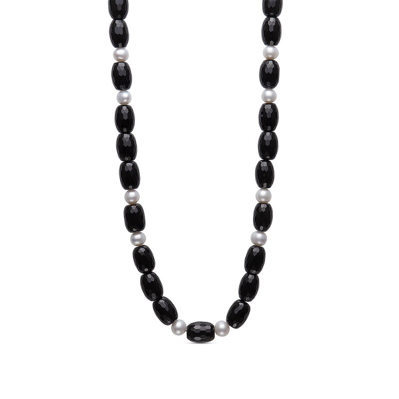 Elongated Faceted Onyx and Cultured Freshwater Pearl Necklace with Sterling Silver Clasp - 24"