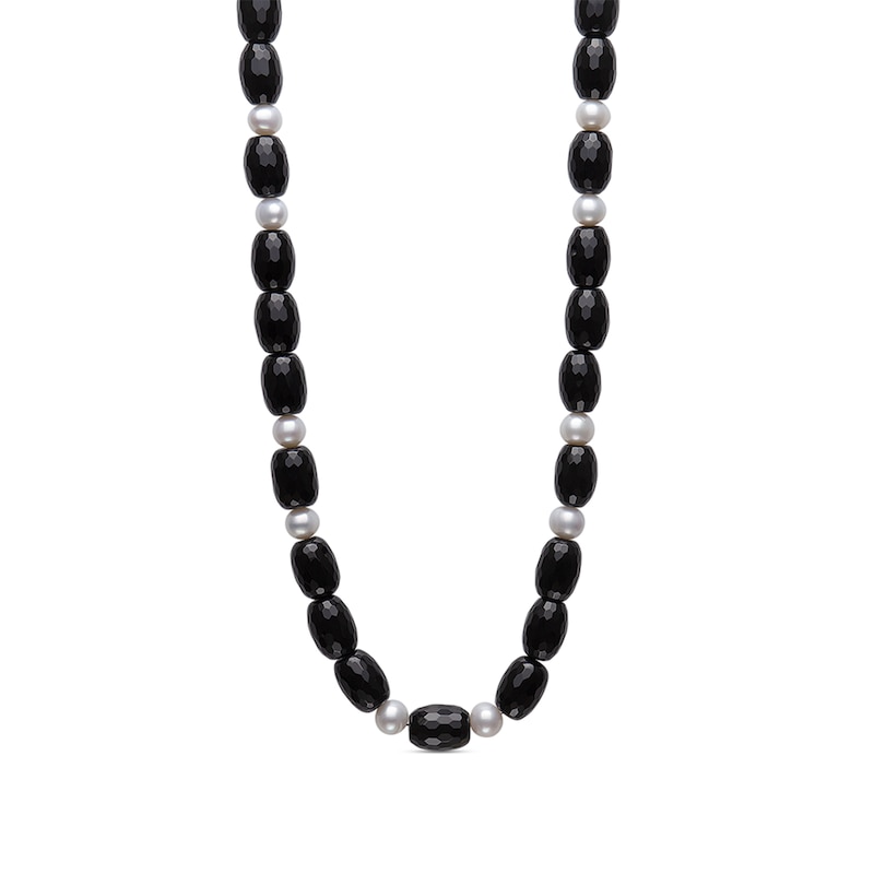 Elongated Faceted Onyx and Cultured Freshwater Pearl Necklace with Sterling Silver Clasp - 24"|Peoples Jewellers