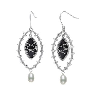 Marquise Onyx and Freshwater Cultured Pearl Wire Drop Earrings in Sterling Silver