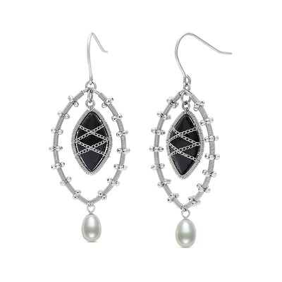 Marquise Onyx and Freshwater Cultured Pearl Wire Drop Earrings in Sterling Silver