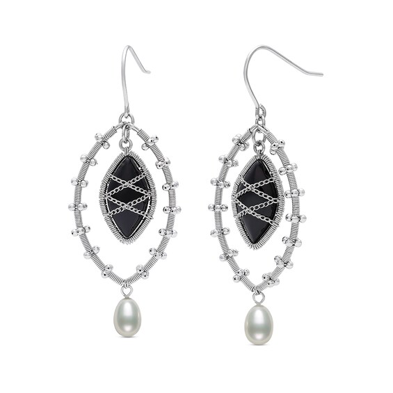 Marquise Onyx and Freshwater Cultured Pearl Wire Drop Earrings in Sterling Silver