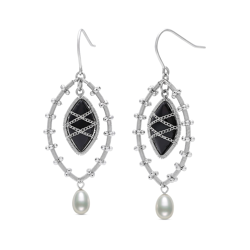 Marquise Onyx and Cultured Freshwater Pearl Wire Drop Earrings in Sterling Silver|Peoples Jewellers