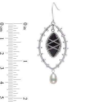 Marquise Onyx and Freshwater Cultured Pearl Wire Drop Earrings in Sterling Silver