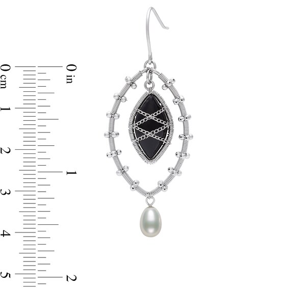 Marquise Onyx and Freshwater Cultured Pearl Wire Drop Earrings in Sterling Silver