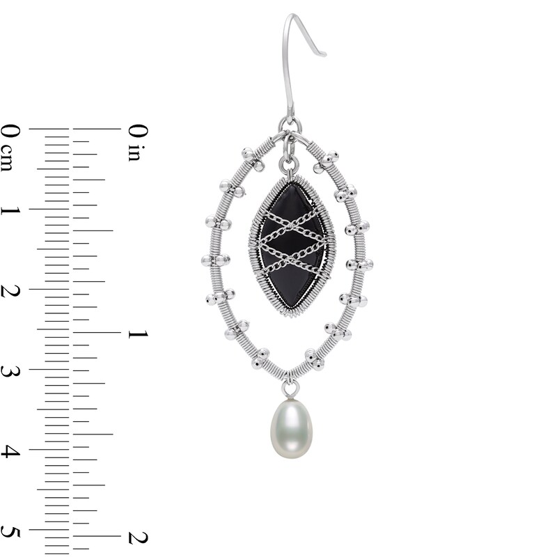 Marquise Onyx and Freshwater Cultured Pearl Wire Drop Earrings in Sterling Silver