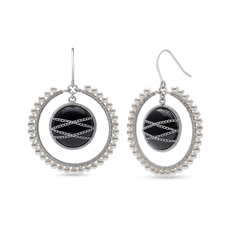 Onyx and Cultured Freshwater Pearl Edge Wire Drop Earrings in Sterling Silver|Peoples Jewellers