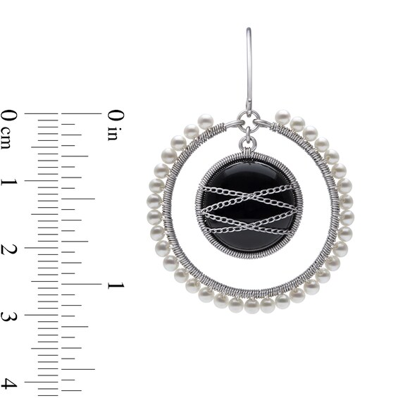 Onyx and Freshwater Cultured Pearl Edge Wire Drop Earrings in Sterling Silver