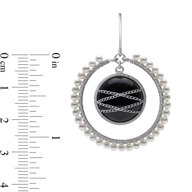 Onyx and Freshwater Cultured Pearl Edge Wire Drop Earrings in Sterling Silver