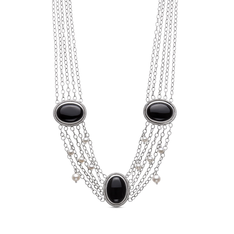 Oval Onyx and Cultured Freshwater Pearl Multi-Strand Necklace in Sterling Silver