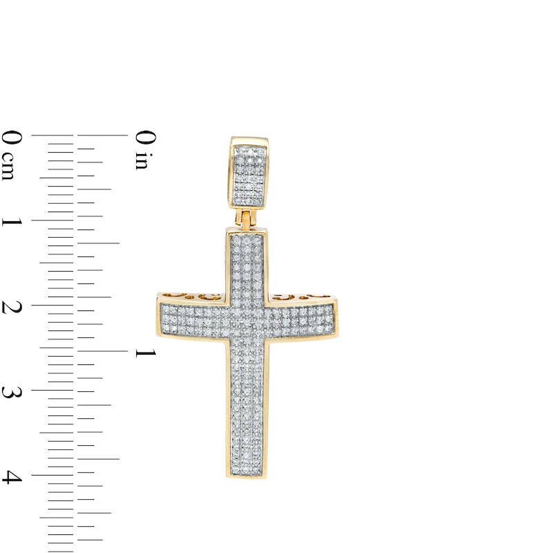 Main Image 2 of Men's 0.50 CT. T.W. Diamond Triple Row Bold Cross Necklace Charm in 10K Gold