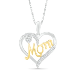0.04 CT. T.W. Diamond Ribbon Double Heart Outline with Cursive "Mom" Pendant in Sterling Silver and 14K Gold Plate