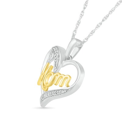 0.04 CT. T.W. Diamond Ribbon Double Heart Outline with Cursive "Mom" Pendant in Sterling Silver and 14K Gold Plate