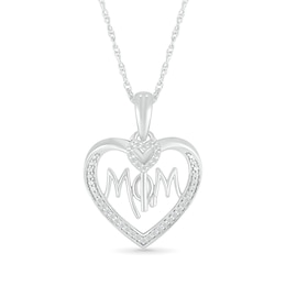 0.115 CT. T.W. Diamond Beaded Heart Outline with "MOM" and Heart-Top Key Dangle Pendant in Sterling Silver