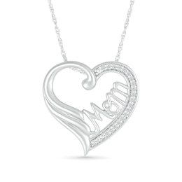 0.066 CT. T.W. Diamond Heart Outline with Cursive "Mom" and Angel Wing Accent Pendant in Sterling Silver