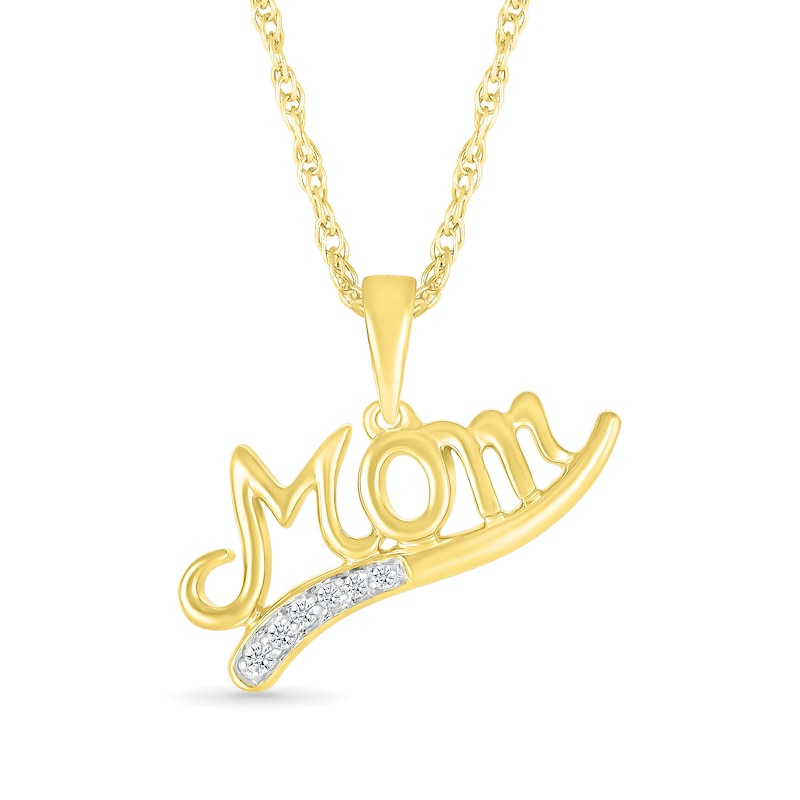 Diamond Accent Curved Ribbon Underline Cursive "Mom" Pendant in Sterling Silver with 14K Gold Plate