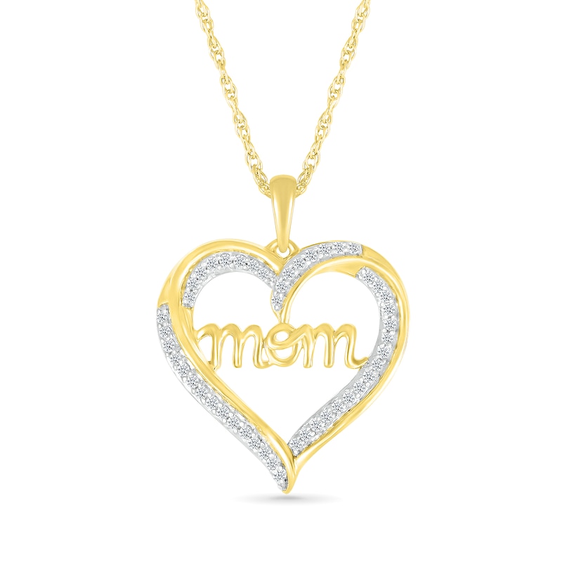 0.18 CT. T.W. Diamond Ribbon Heart Outline with Cursive "mom" Pendant in Sterling Silver with 14K Gold Plate