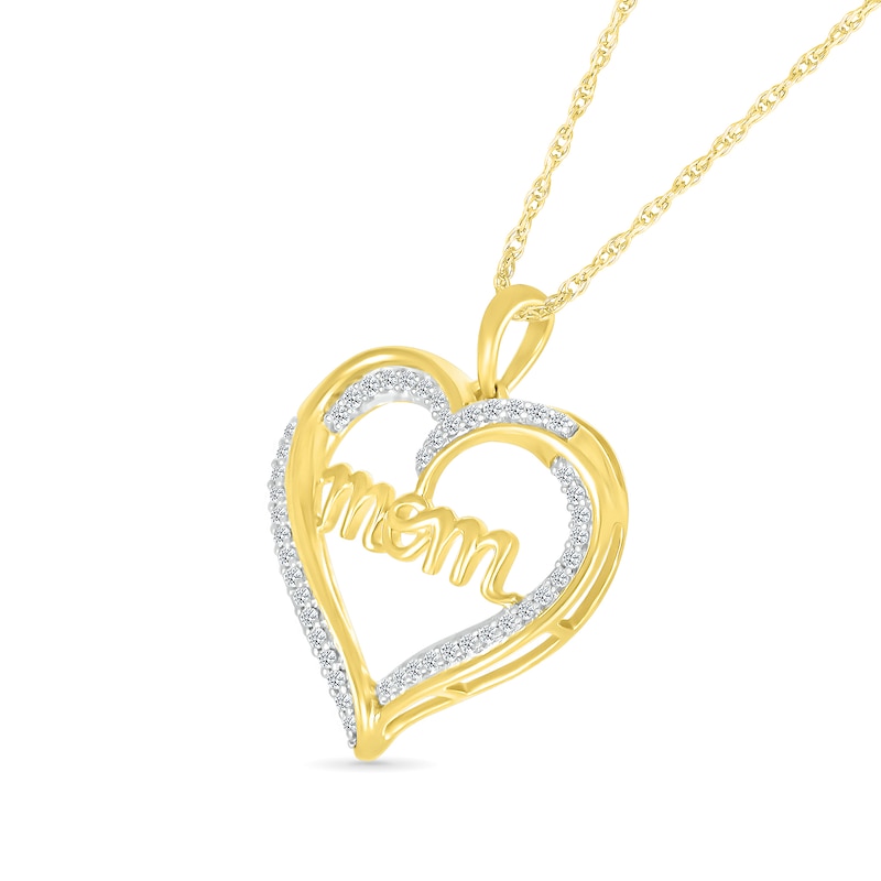0.18 CT. T.W. Diamond Ribbon Heart Outline with Cursive "mom" Pendant in Sterling Silver with 14K Gold Plate