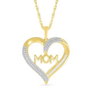 0.18 CT. T.W. Baguette and Round Diamond Ribbon Heart Outline with "MOM" Pendant in Sterling Silver with 14K Gold Plate