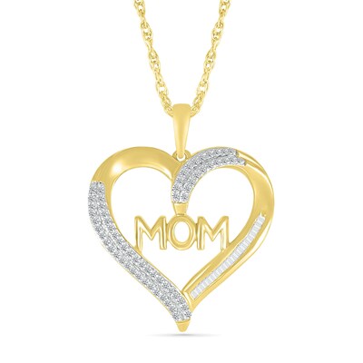 0.18 CT. T.W. Baguette and Round Diamond Ribbon Heart Outline with "MOM" Pendant in Sterling Silver with 14K Gold Plate