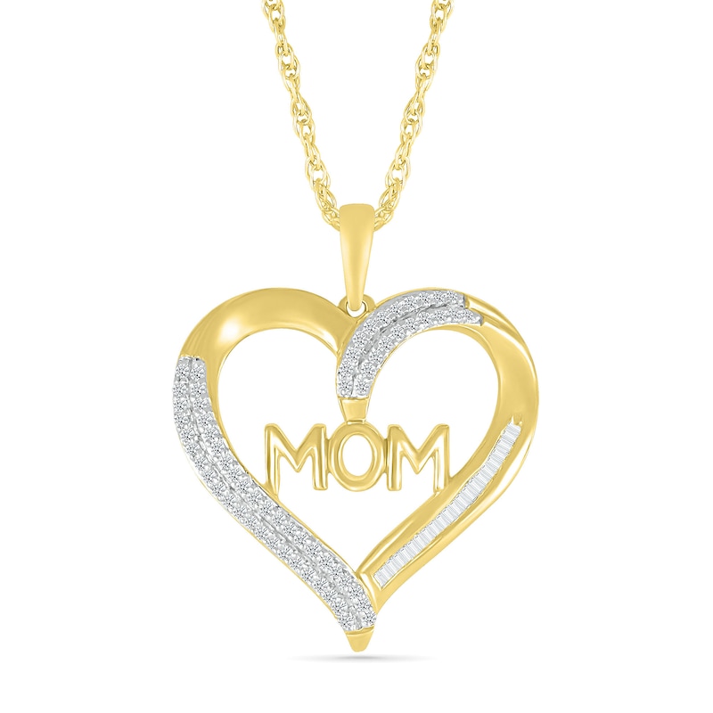 0.18 CT. T.W. Baguette and Round Diamond Ribbon Heart Outline with "MOM" Pendant in Sterling Silver with 14K Gold Plate