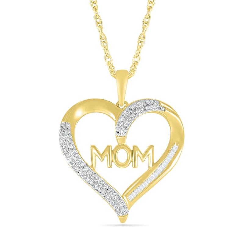 0.18 CT. T.W. Baguette and Round Diamond Ribbon Heart Outline with "MOM" Pendant in Sterling Silver with 14K Gold Plate|Peoples Jewellers