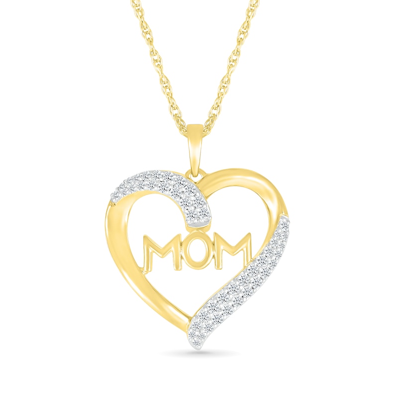 0.23 CT. T.W. Diamond Double Row Ribbon Heart Outline with "MOM" Pendant in Sterling Silver with 14K Gold Plate