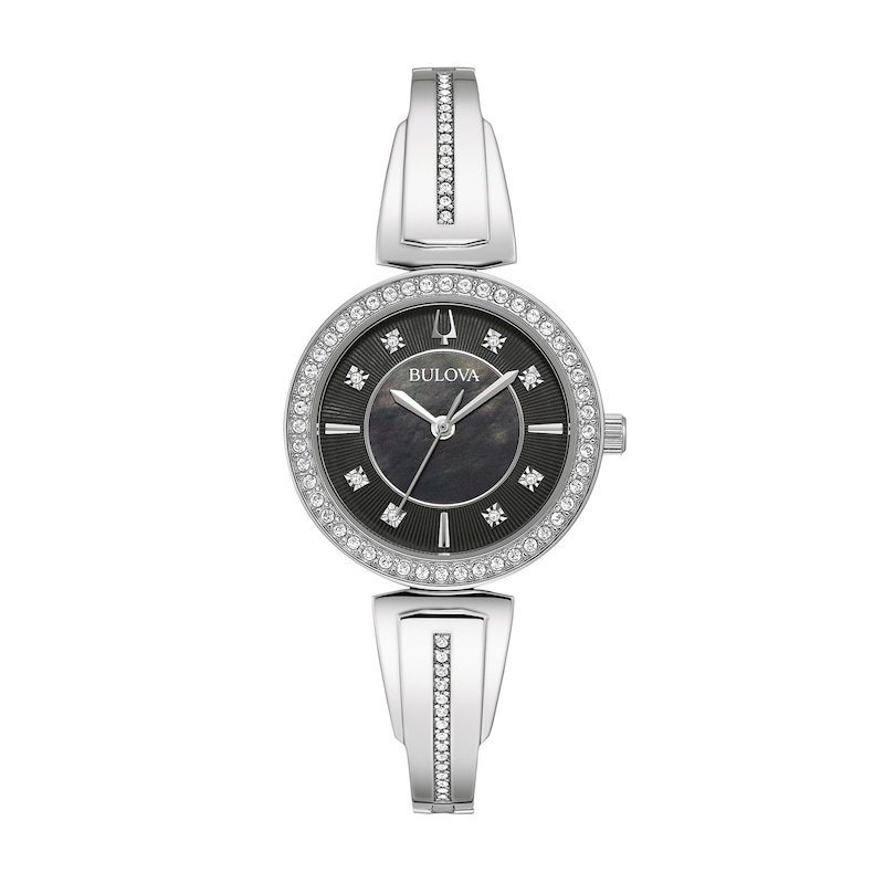 Ladies' Bulova Crystal Accent Bangle Watch with Black Mother-of-Pearl Dial and Circle Necklace Box Set (Model: 96X152)
