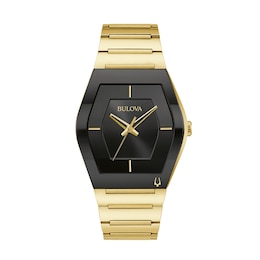 Men's Bulova Gemini Gold-Tone Watch with Tonneau Black Dial (Model:&nbsp;97A164)