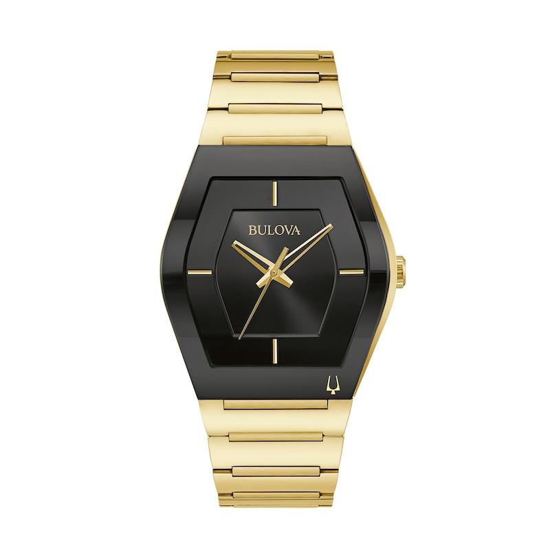 Men's Bulova Gemini Gold-Tone Watch with Tonneau Black Dial (Model: 97A164)