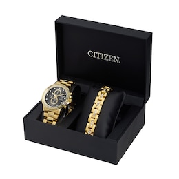 Men's Citizen Eco-Drive® Crystal Accent Gold-Tone Chronograph Watch and Bracelet Box Set (Model: FB3002-61E)