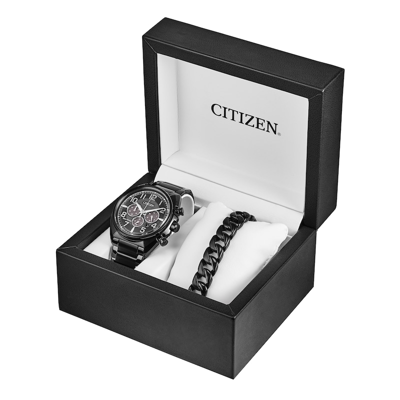 Men's Citizen Eco-Drive® Brycen Black IP Chronograph Watch and Chain Bracelet Box Set (Model: CA4285-68E)|Peoples Jewellers