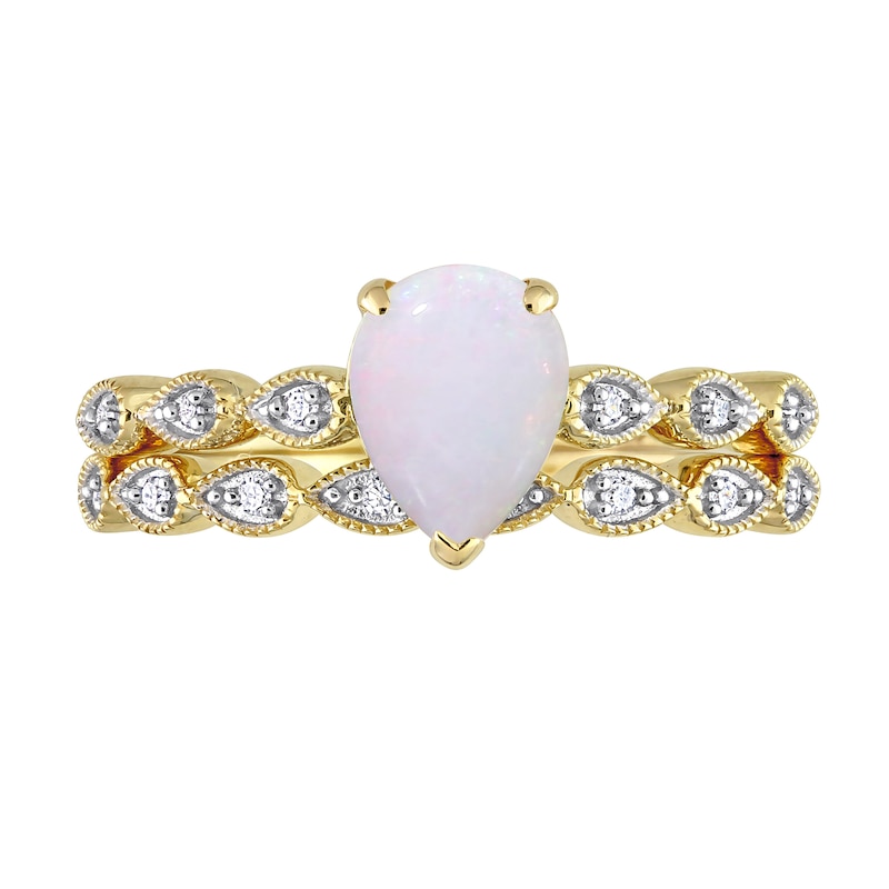 Pear-Shaped Opal and 0.07 CT. T.W. Diamond Sideways Pear-Shaped Shank Vintage-Style Bridal Set in 10K Gold