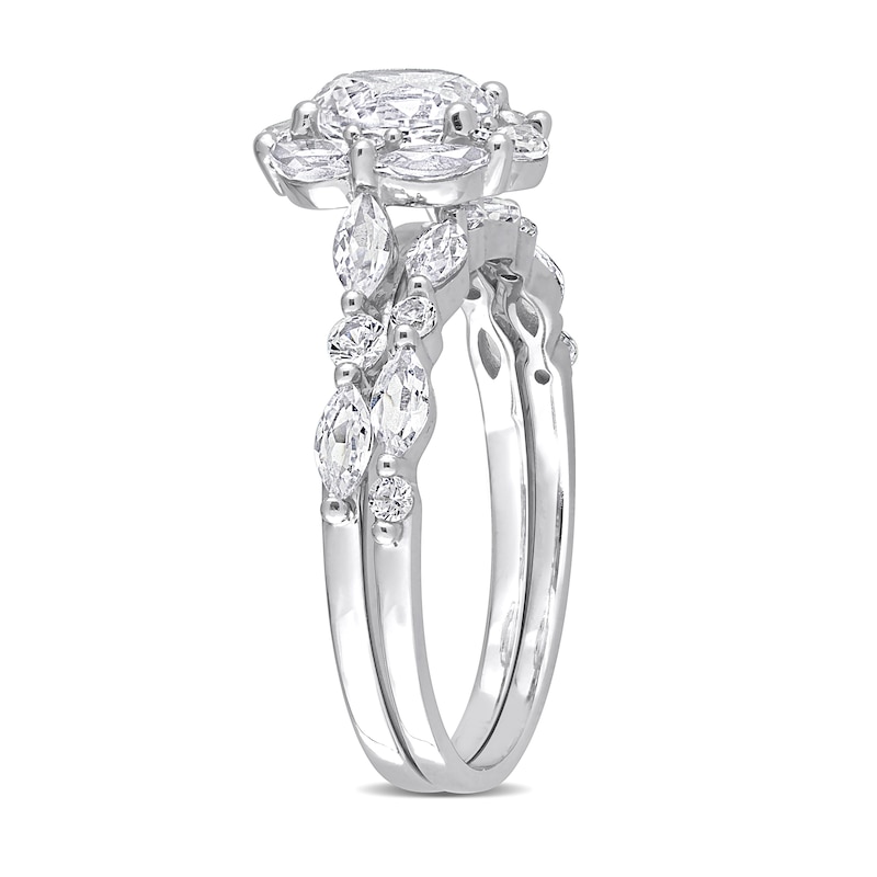 6.5mm White Lab-Created Sapphire and Diamond Accent Scallop Edge Frame Bridal Set in 10K White Gold