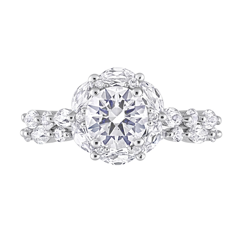 6.5mm White Lab-Created Sapphire and Diamond Accent Scallop Edge Frame Bridal Set in 10K White Gold