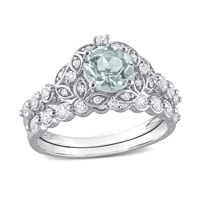 Main Image 1 of 6.5mm Aquamarine, White Topaz and 0.06 CT. T.W. Diamond Flower Frame Bridal Set in 10K White Gold