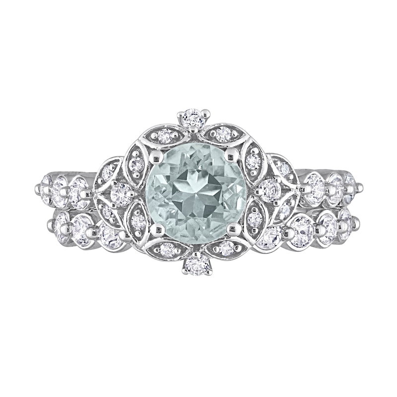Main Image 4 of 6.5mm Aquamarine, White Topaz and 0.06 CT. T.W. Diamond Flower Frame Bridal Set in 10K White Gold