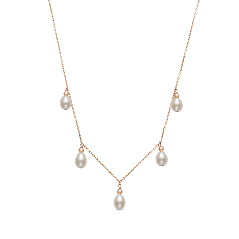 6.0-7.0mm Oval Cultured Freshwater Pearl Dangle and 14K Rose Gold Bead Necklace|Peoples Jewellers