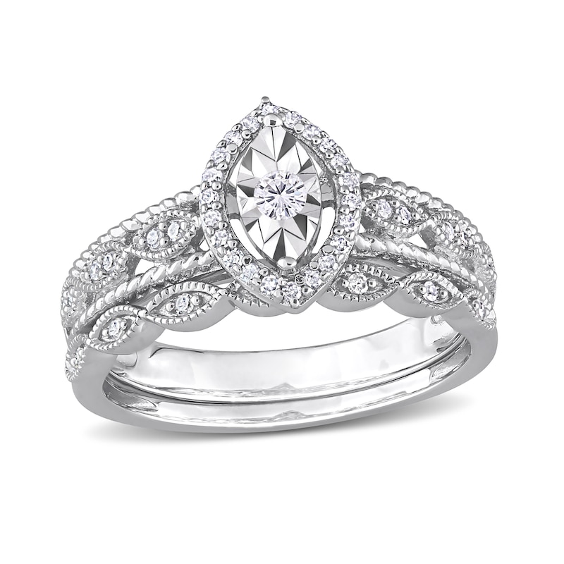 Main Image 1 of 0.21 CT. T.W. Diamond Marquise Frame Twist Vintage-Style Bridal Set in Sterling Silver