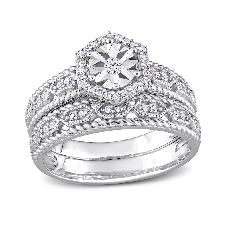 Main Image 1 of 0.25 CT. T.W. Diamond Hexagonal Frame Vintage-Style Art Deco Bridal Set in Sterling Silver
