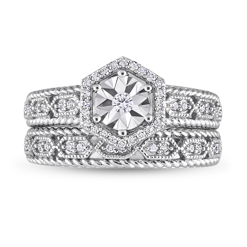 Main Image 4 of 0.25 CT. T.W. Diamond Hexagonal Frame Vintage-Style Art Deco Bridal Set in Sterling Silver