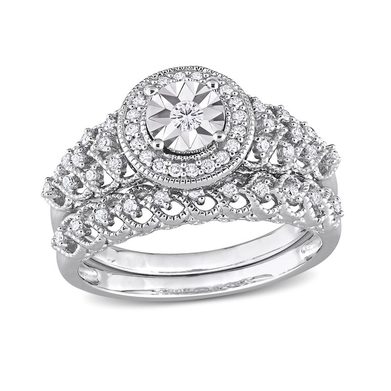Main Image 1 of 0.29 CT. T.W. Diamond Frame Vintage-Style Heart Shank Bridal Set in Sterling Silver
