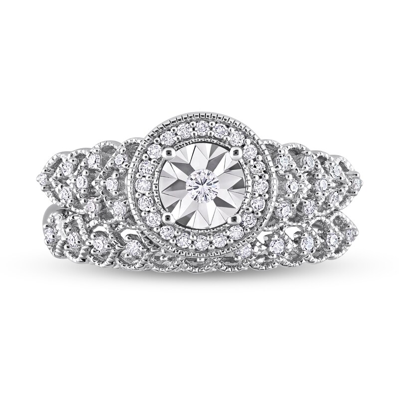 Main Image 4 of 0.29 CT. T.W. Diamond Frame Vintage-Style Heart Shank Bridal Set in Sterling Silver