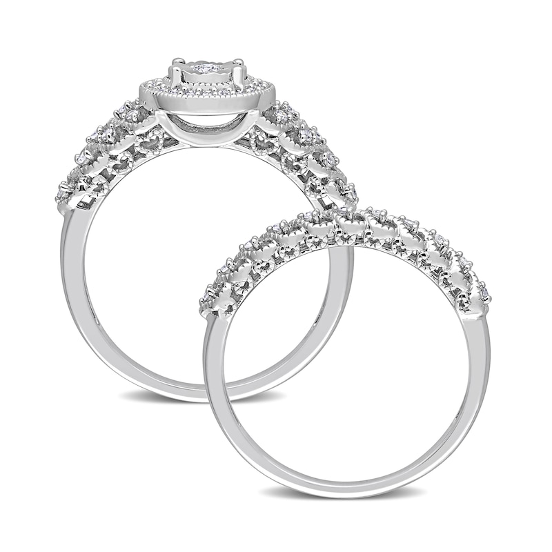 Main Image 5 of 0.29 CT. T.W. Diamond Frame Vintage-Style Heart Shank Bridal Set in Sterling Silver