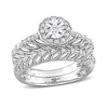 Thumbnail Image 0 of 0.24 CT. T.W. Diamond Flower Frame Vintage-Style Leaf Shank Bridal Set in Sterling Silver
