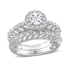 Thumbnail Image 0 of 0.24 CT. T.W. Diamond Flower Frame Vintage-Style Leaf Shank Bridal Set in Sterling Silver