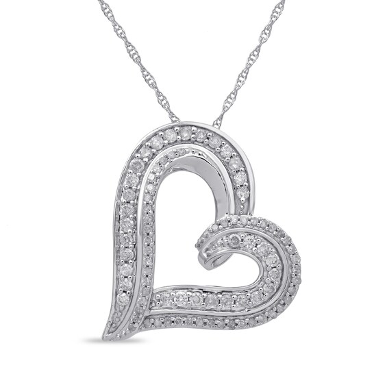0.50 CT. T.W. Diamond Double Row Tilted Heart Pendant in 10K White Gold