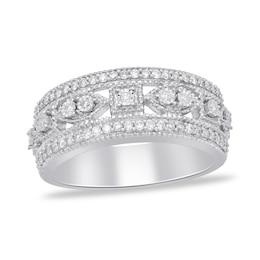 0.32 CT. T.W. Diamond Square and Marquise Frames Vintage-Style Triple Row Band in 14K White Gold