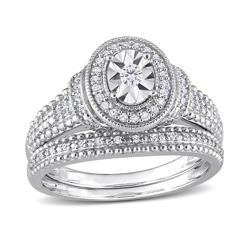 Main Image 1 of 0.25 CT. T.W. Diamond Oval Frame Beaded Multi-Row Bridal Set in Sterling Silver