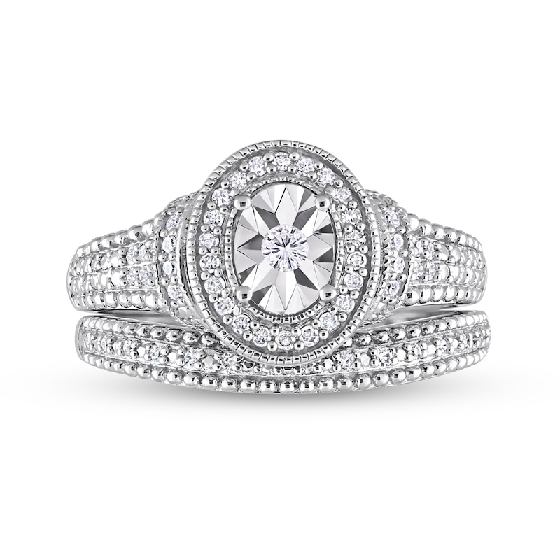 Main Image 4 of 0.25 CT. T.W. Diamond Oval Frame Beaded Multi-Row Bridal Set in Sterling Silver